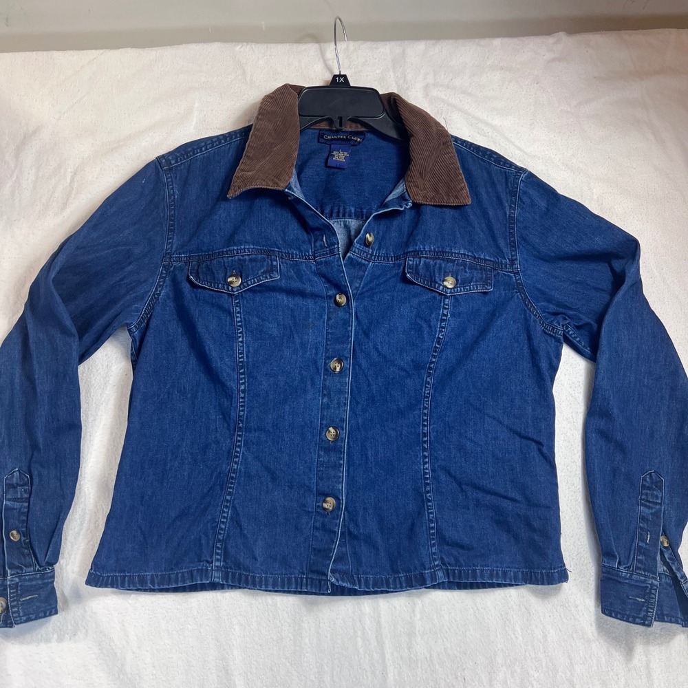 Charter Club Womens Blue Denim Jacket Brown Corduroy Collar Cotton Size L
